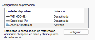 Selección de la unidad donde queremos almacenar el punto de restauración.
