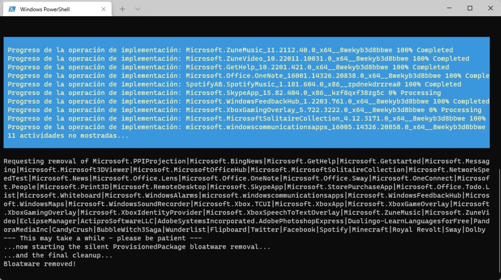 Proceso de eliminación de aplicaciones no deseadas, mediante Windows10 Debloater.