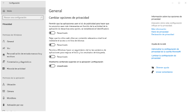 Cambiar opciones de privacidad en Windows.