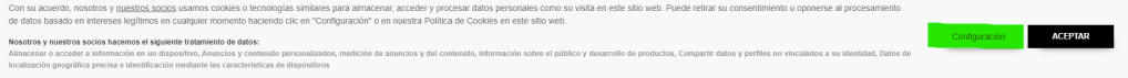 Ejemplo de banner para autorización de cookies al entrar en una web.
