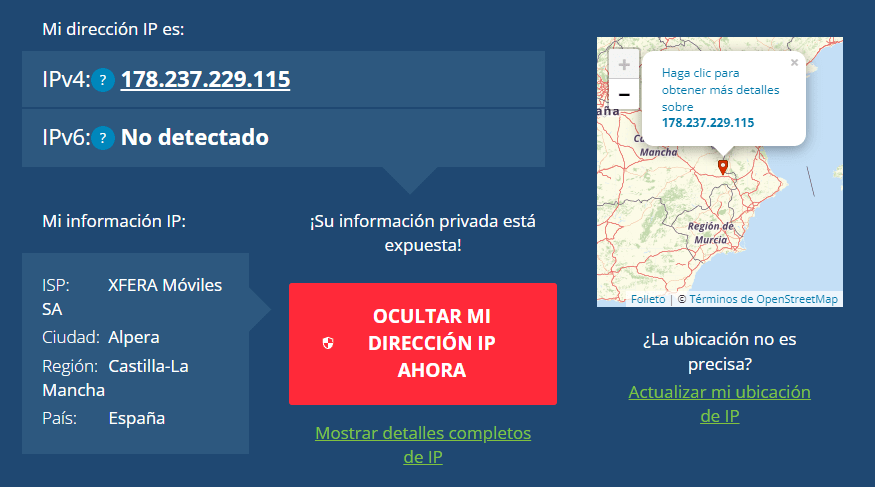 Localización de una IP mediante la herramienta web What is my IP?