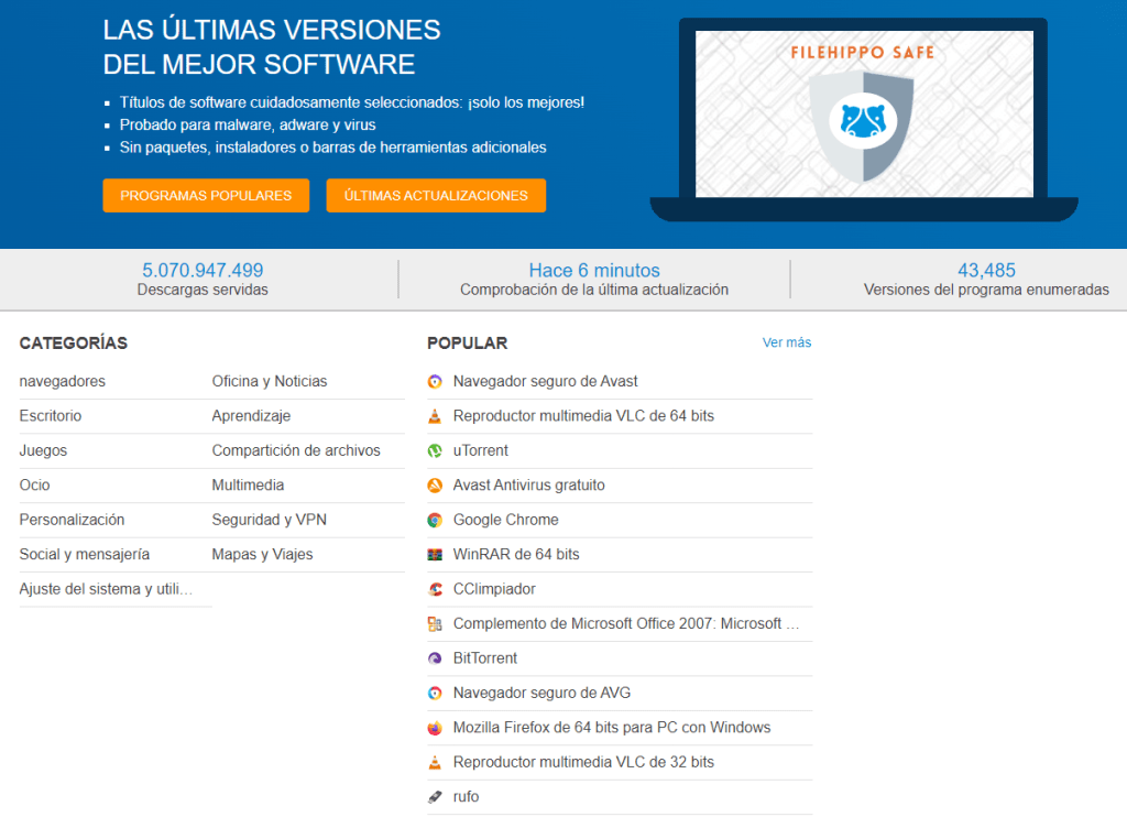 Interfaz de la web FileHippo.