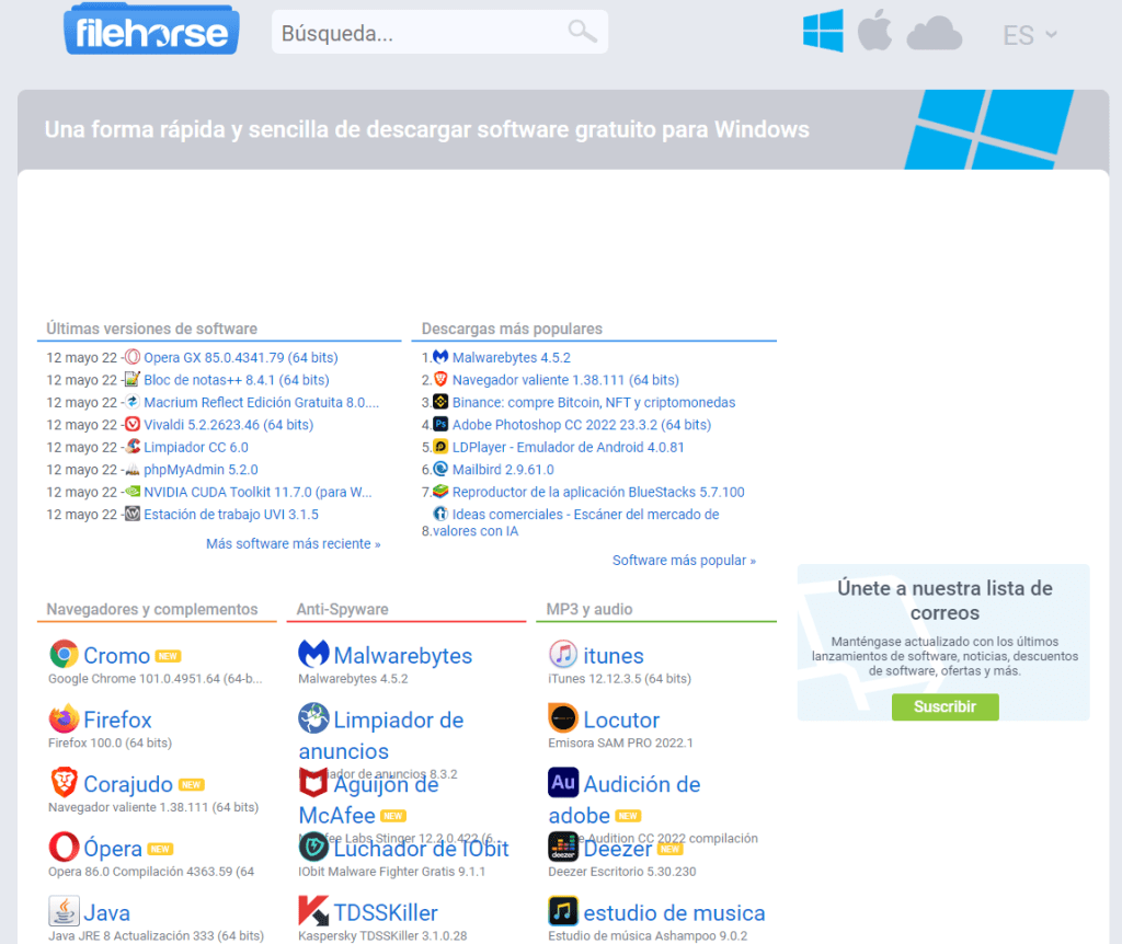 Página de bienvenida de FileHorse.