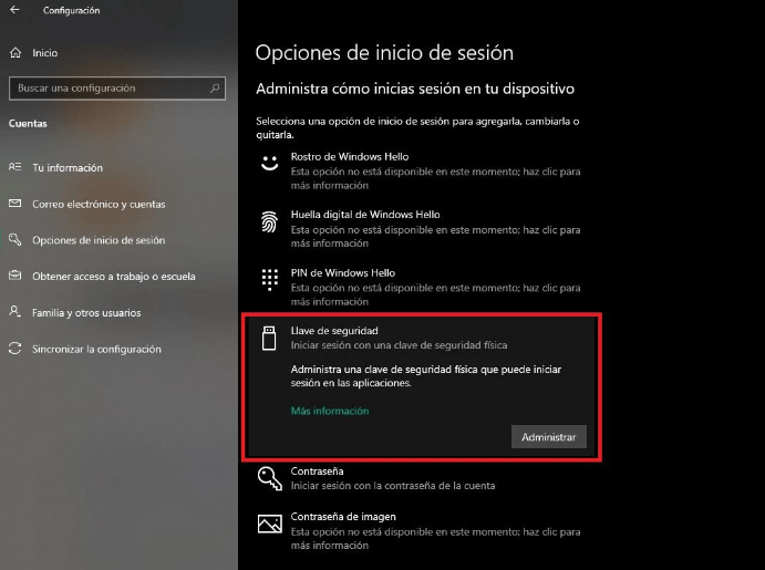 Acceso a Windows mediante llave de seguridad.
