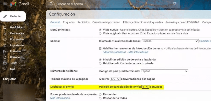 Vista del menú de configuración de Gmail, en monitor.