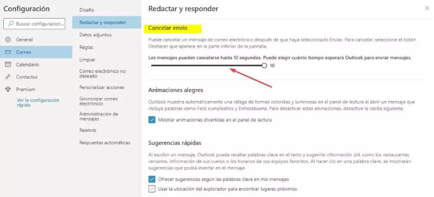Menú de configuración en Outlook.