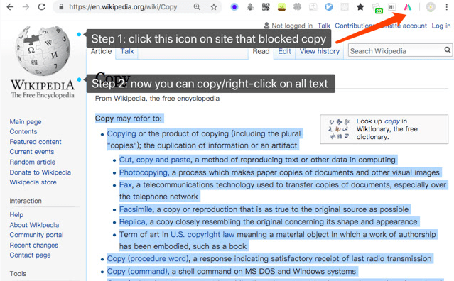 Ejemplo de uso de la extensión Simple Allow Copy.