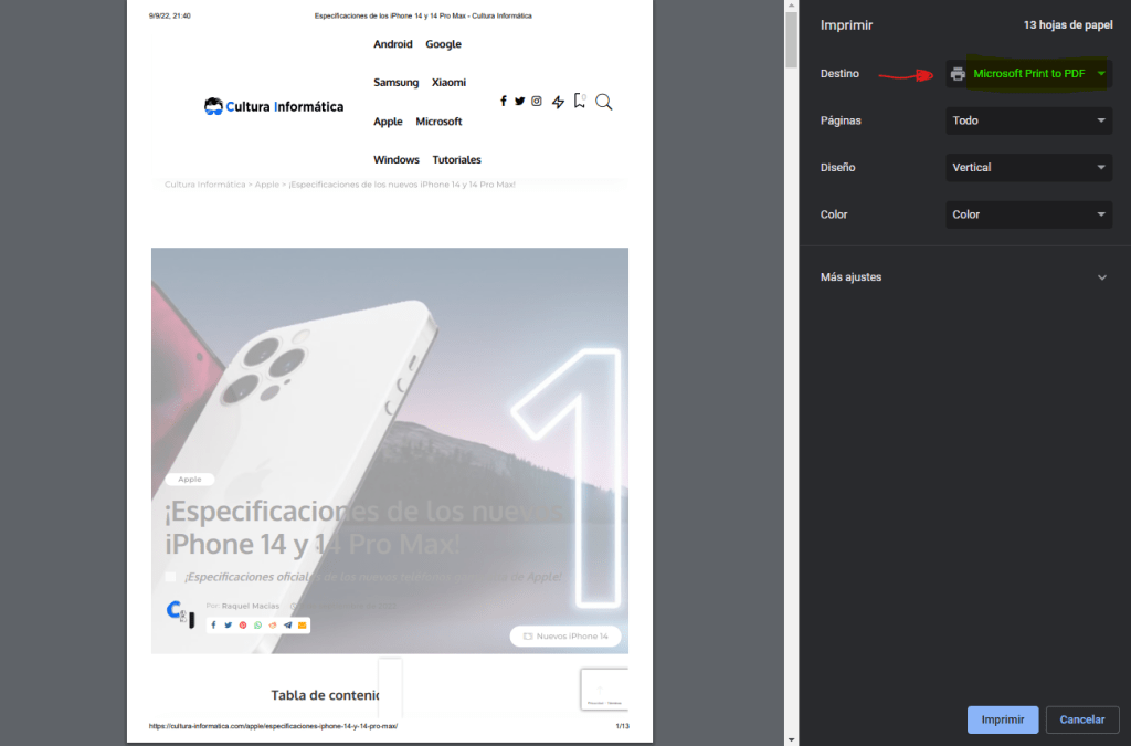 Guardado de una página web como PDF.