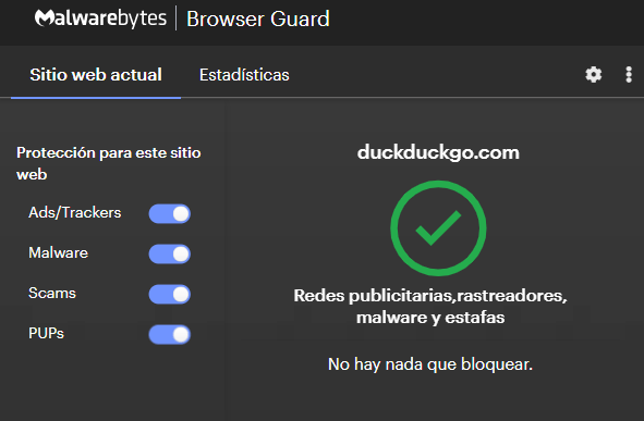 Captura de la información que aporta la extensión de Malwarebites, en nuestro navegador habitual.
