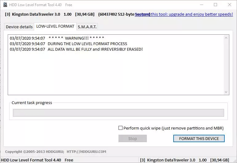 Muestra de la interfaz de usuario de HDD Low Level Format Tool.