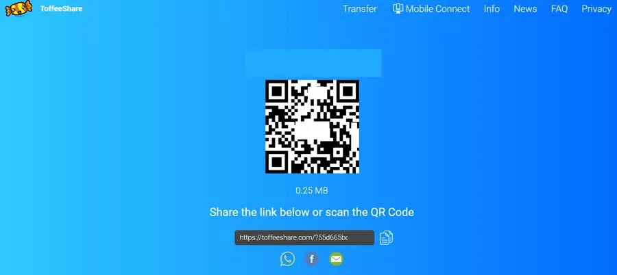 Captura del código QR, para la descarga de un archivo compartido mediante Toffee Share.