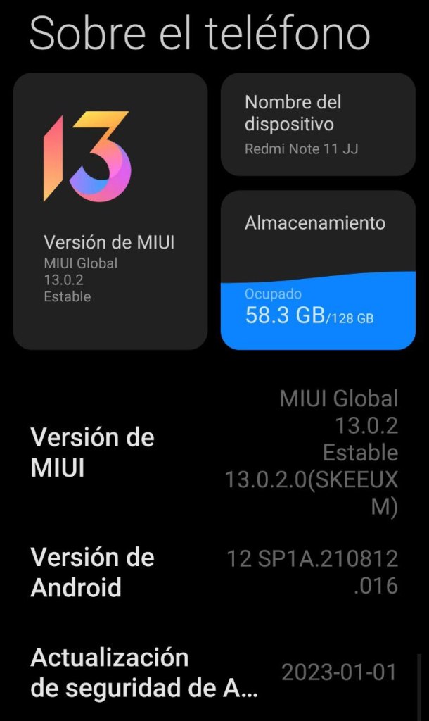Ejemplo de la pantalla de "Sobre el teléfono", de un Xiaomi Redmi Note 11.