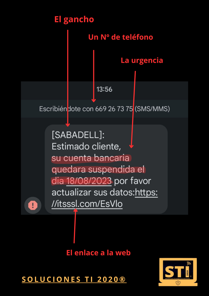 Ejemplo de un SMS engañoso, suplantando la identidad del Banco de Sabadell.