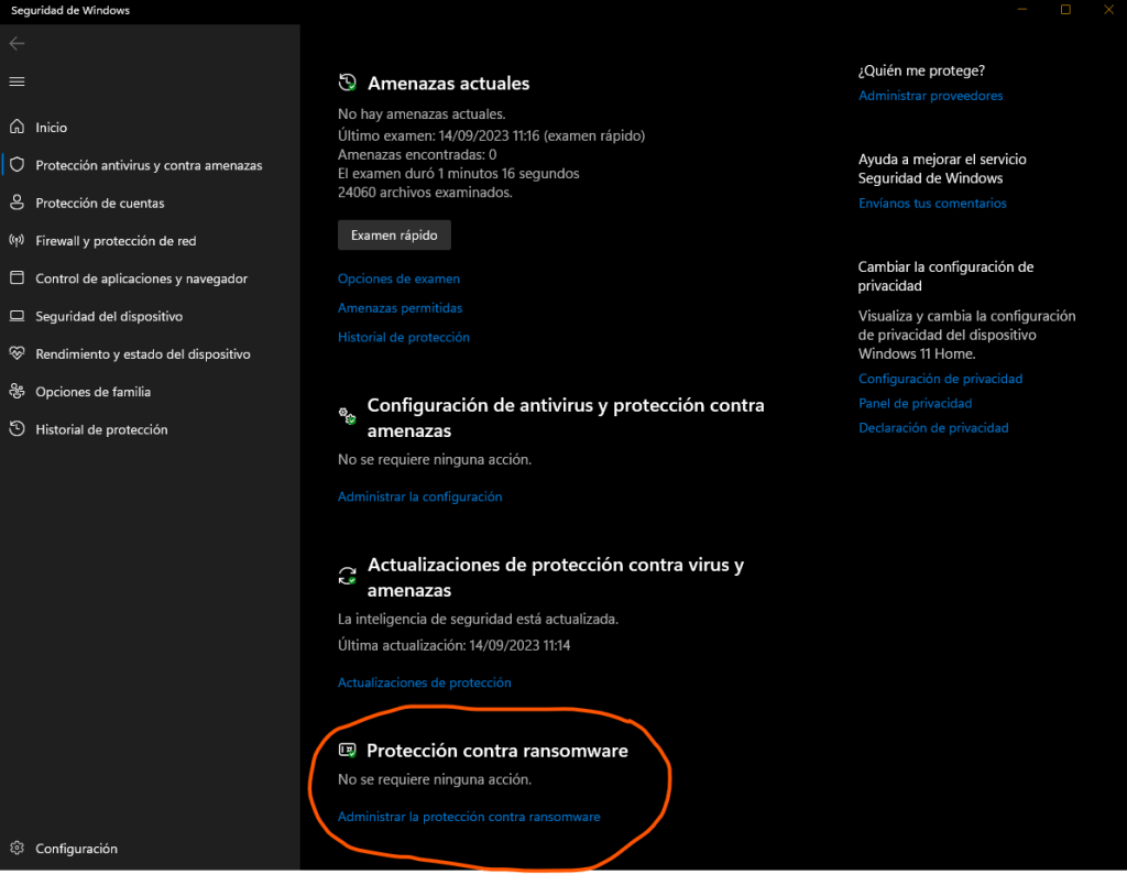 Protección contra ransomware en la protección antivirus de Windows.