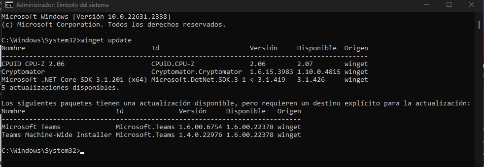 Software instalado en Windows a actualizar mediante winget update