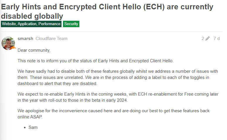 Comunicado emitido sobre el uso del protocolo ECH.