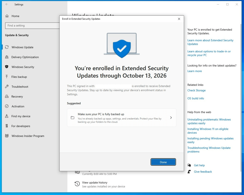 Pantalla de Extensión de las Actualizaciones de Seguridad para Windows 10 hasta octubre de 2026.