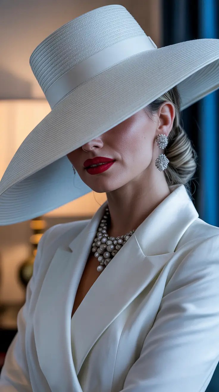 Elegant model in white with pamela.