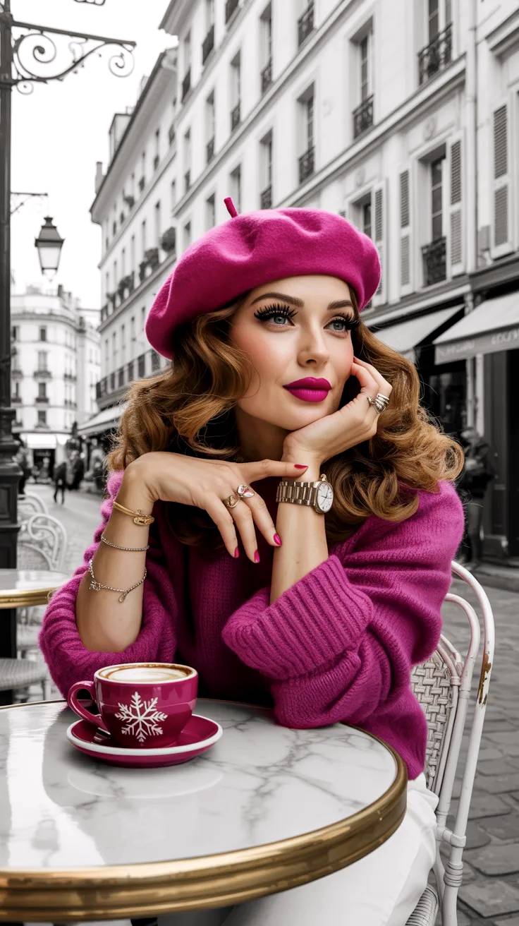 Beauty girl model in pink with a coffee.
