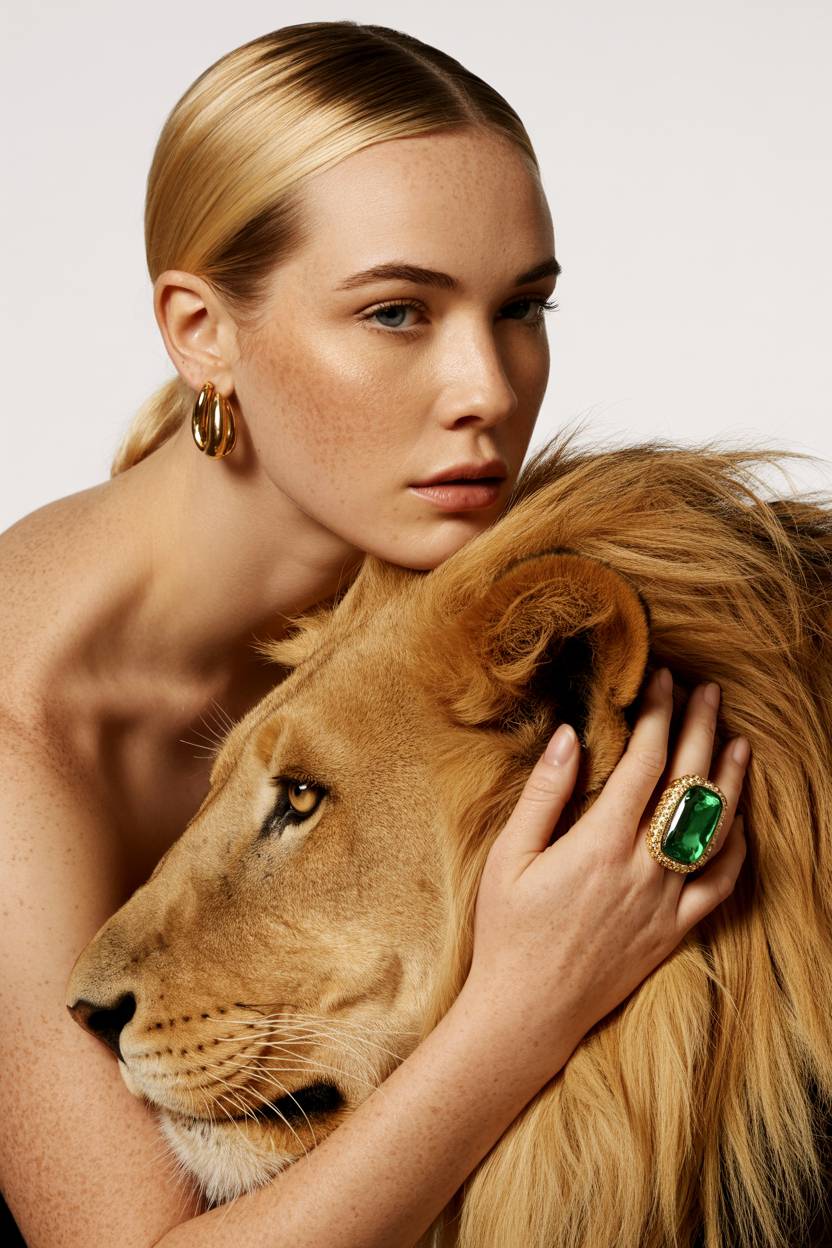 Blondie woman with a lion.