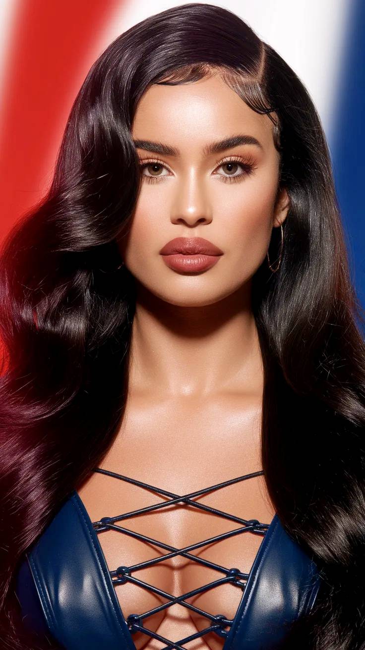 Female model wearing blue leather.