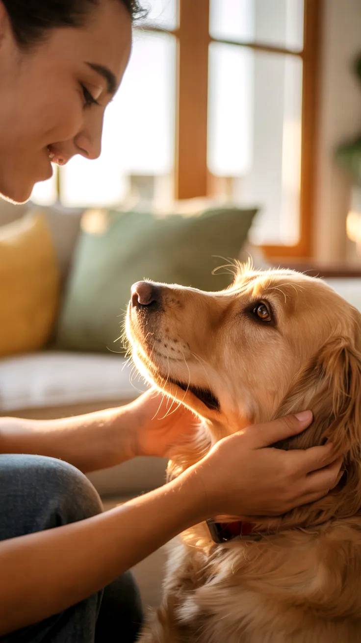 Girl and dog in home.