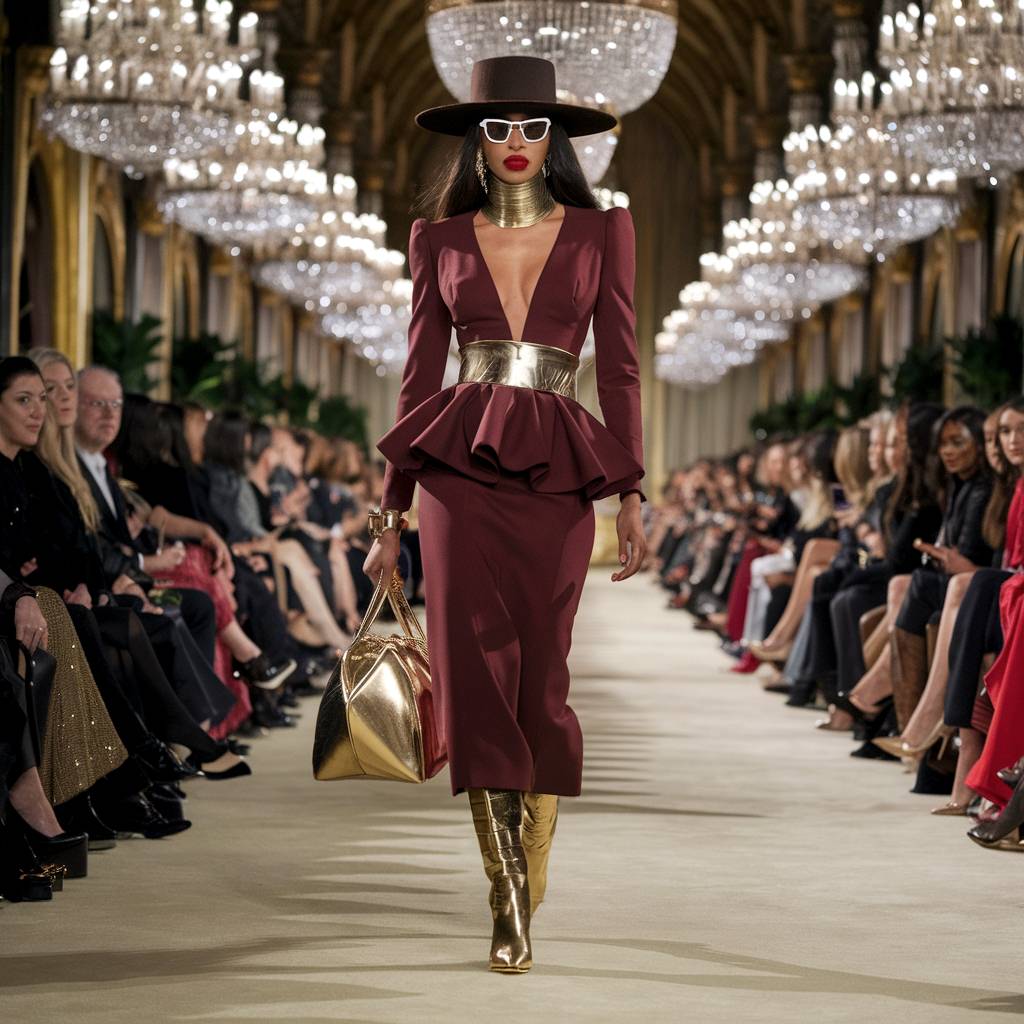 Sofisticate brunette model on fashion show.