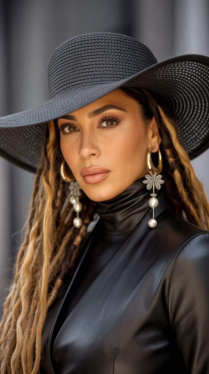 Woman model leather in black with pamela.