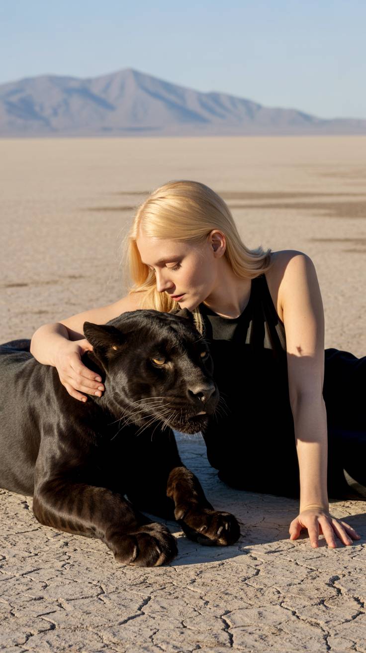 Young blondie model in black with a panther.
