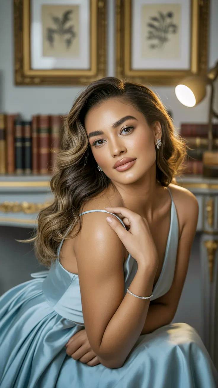 Young model dressed in blue in a salon.