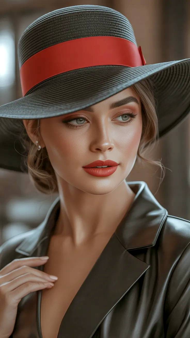 Attractive model wearing a wide-brimmed hat and leather trench coat.