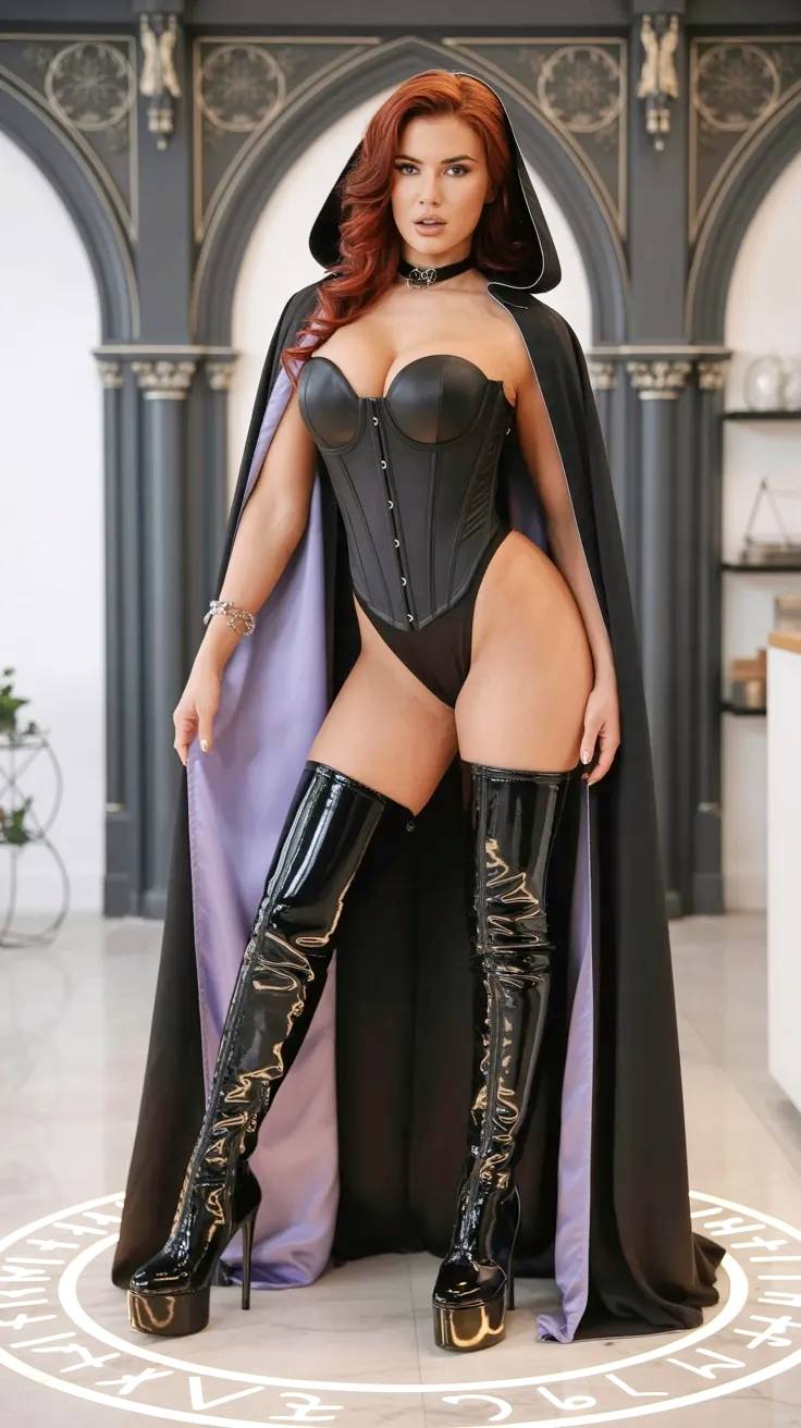 Attractive redhead woman posing in a bodysuit and cape.