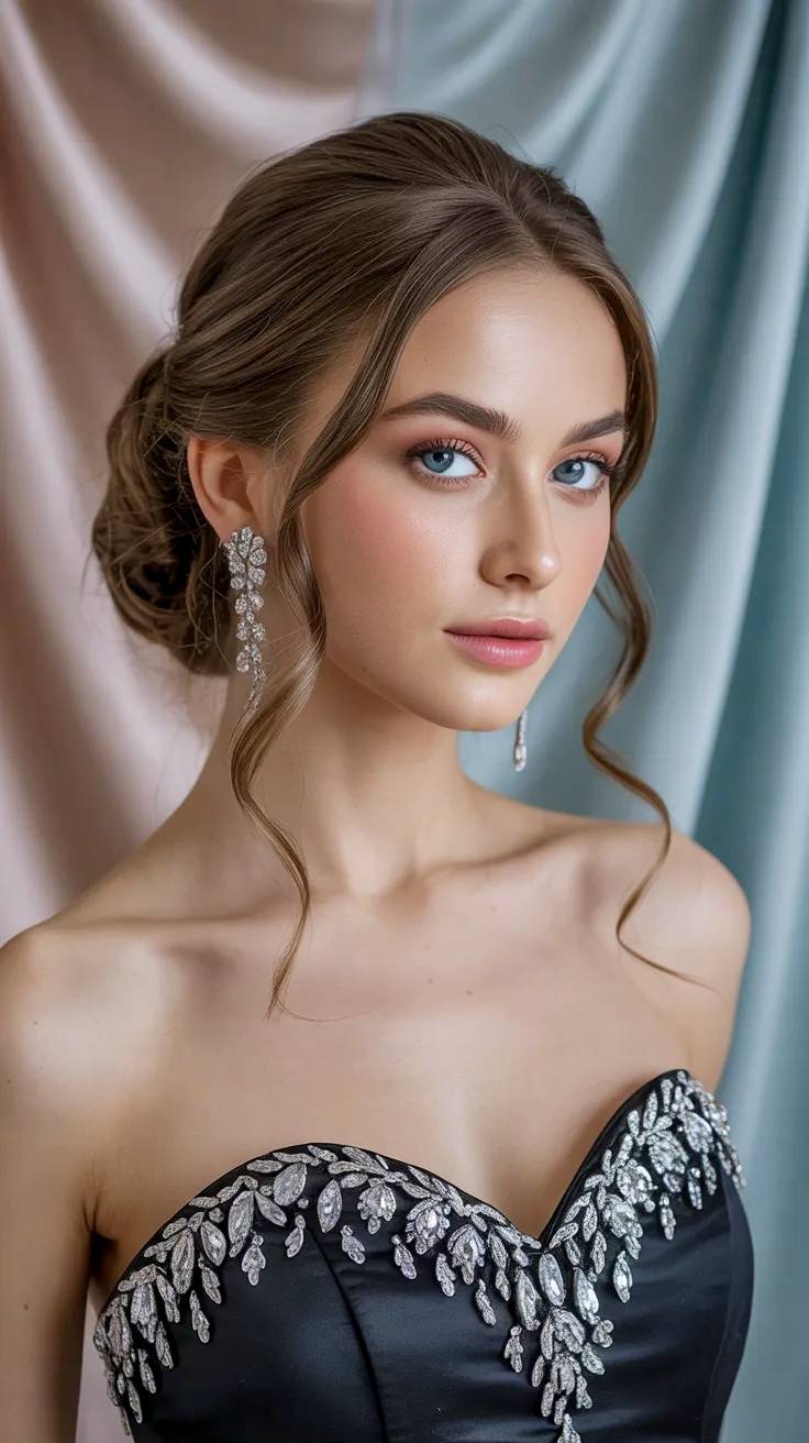 Attractive young model posing with rhinestone earrings and dress.