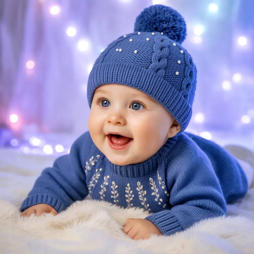 Bebé vestido de azul posando en estudio.