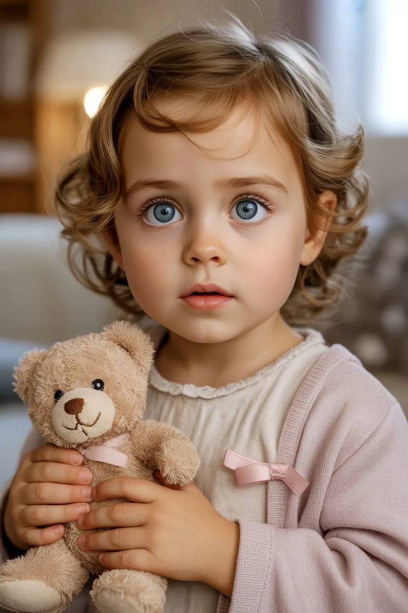 Blue-eyed baby with teddy bear.