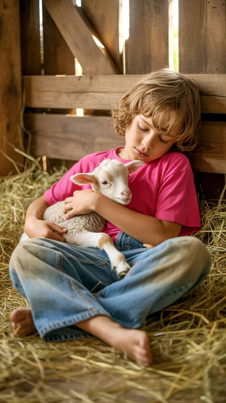 Boy in barn with baby sheep.