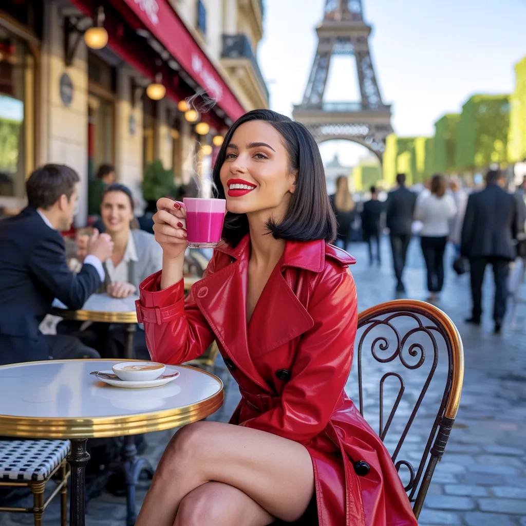 Brunette model in a red trench coat having a coffee in Paris.