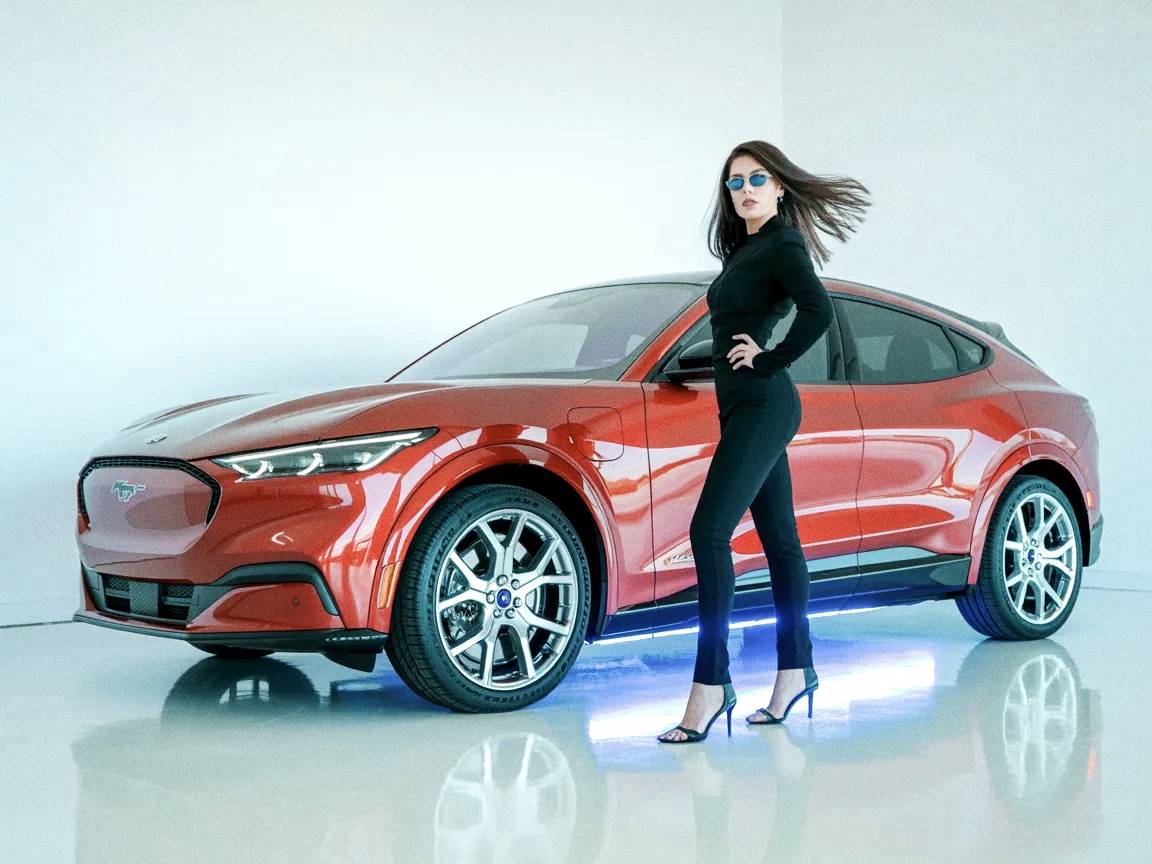Brunette model next to red Ford Mustang Mach-E.