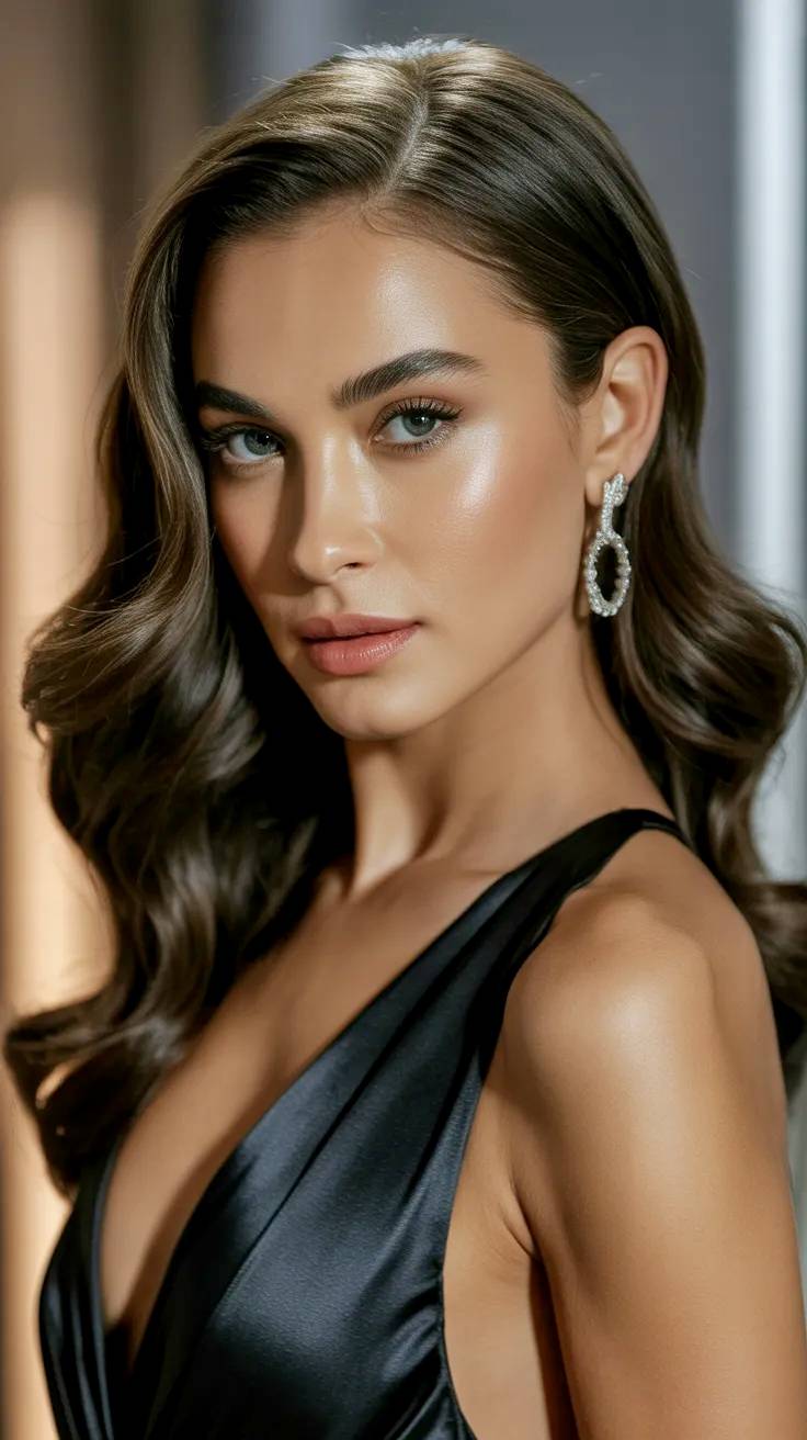Brunette model wearing jewelry and a black dress.