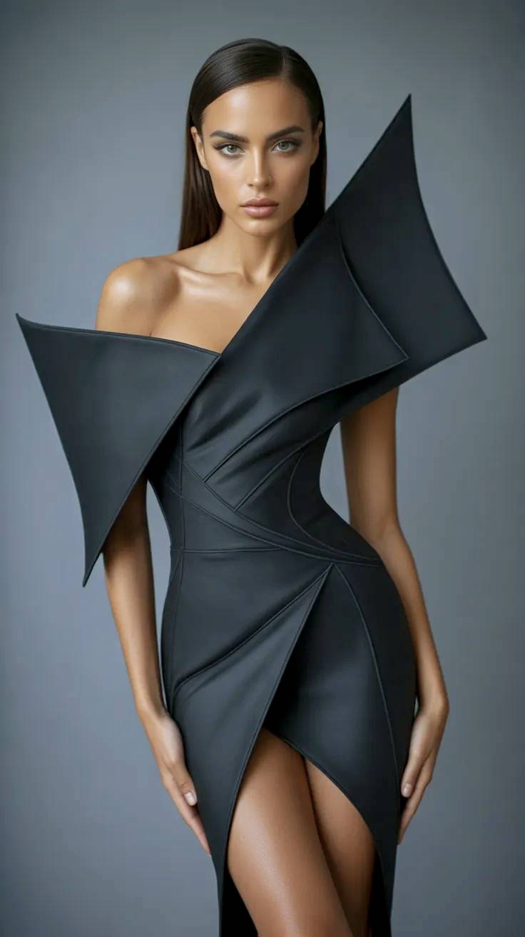 Brunette model with avant-garde black design.