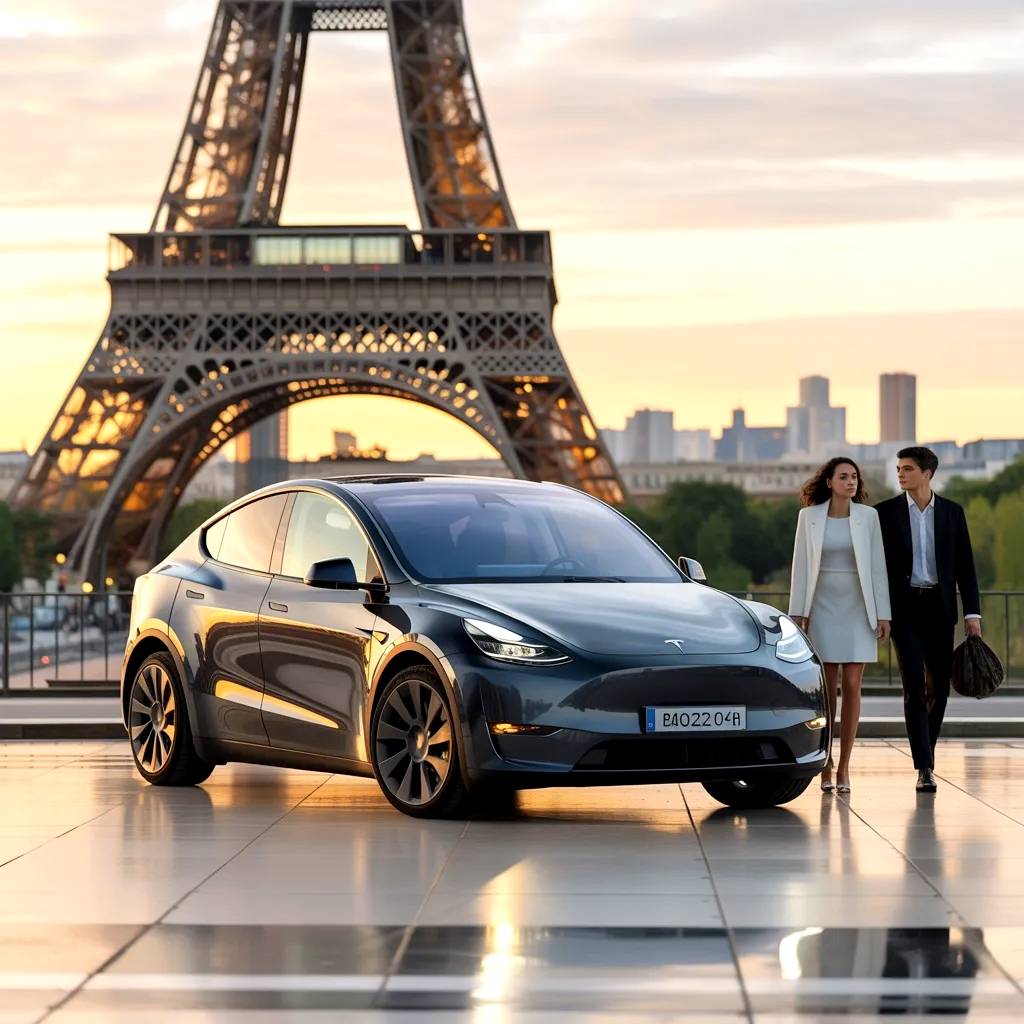 Couple with a Tesla in front of the Eiffel Tower.