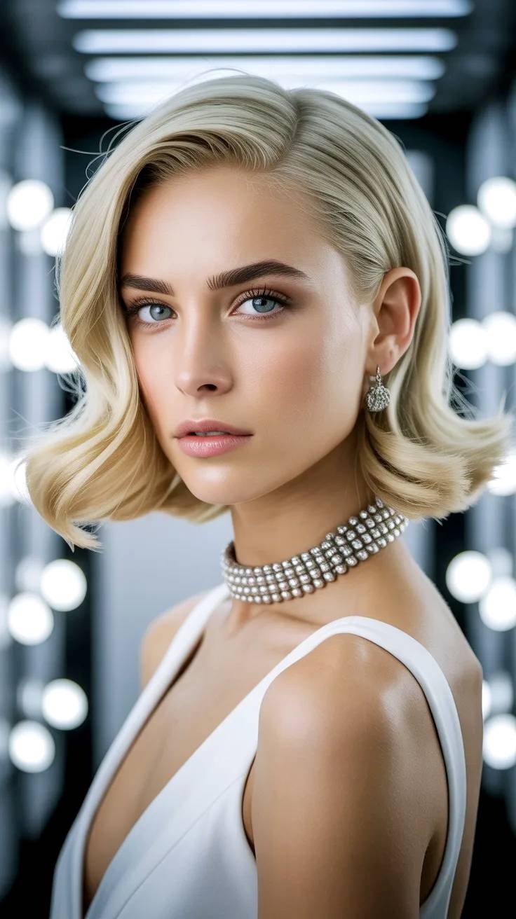 Elegante modelo rubia con bisutería y vestido blanco.