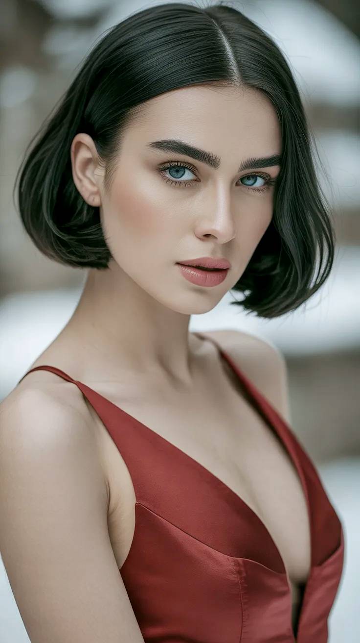 Joven modelo morena con vestido rojo.