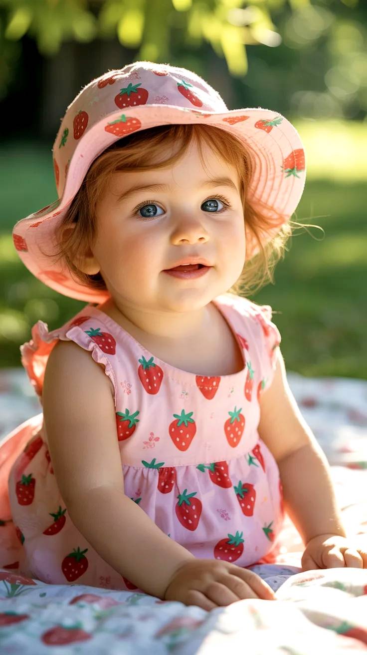 Little baby in a strawberry dress.