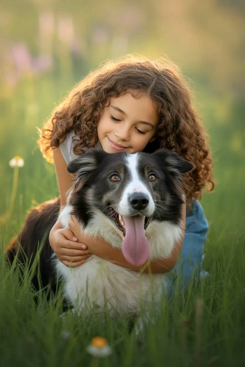 Little girl hugging her dog.