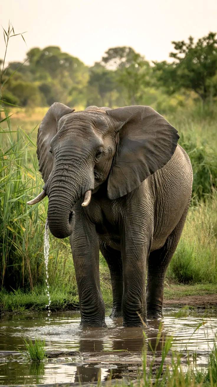 Male elephant specimen in the water.