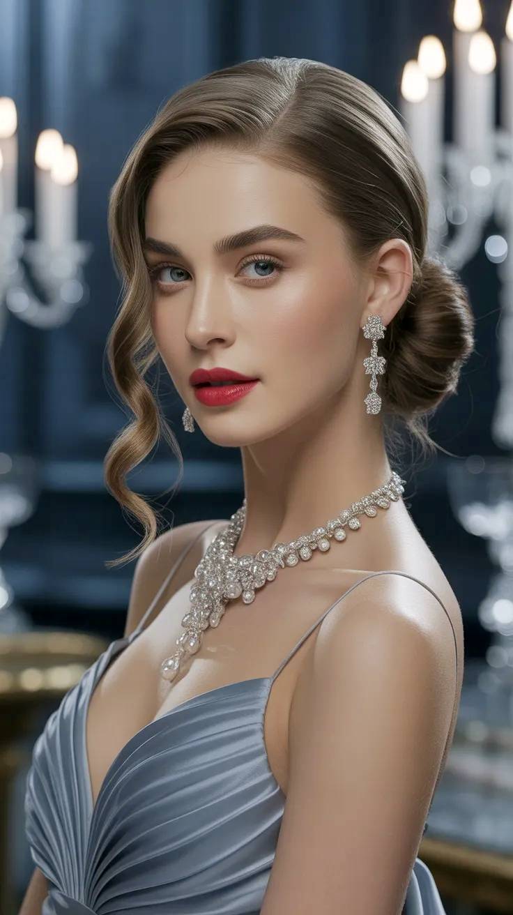 Modelo elegante en salon con joyas y vestido de noche.