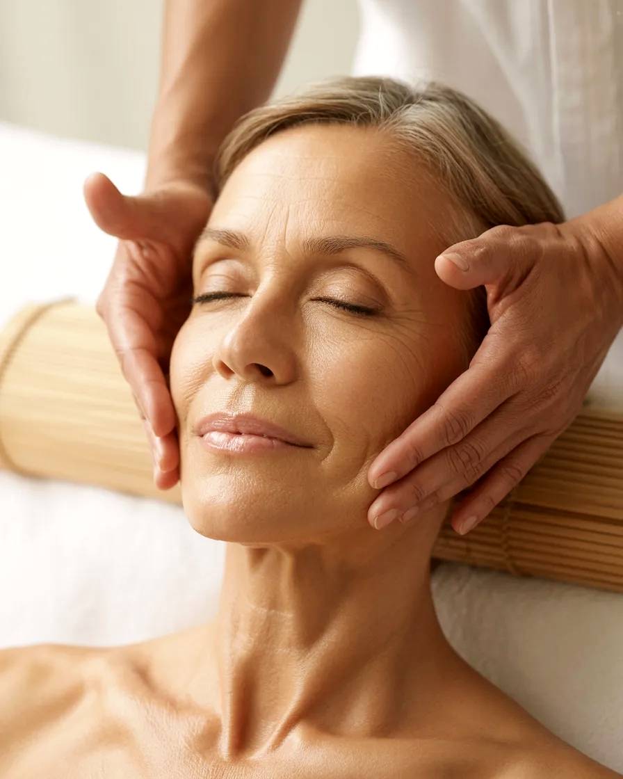 Modelo rubia en sesión de masaje.