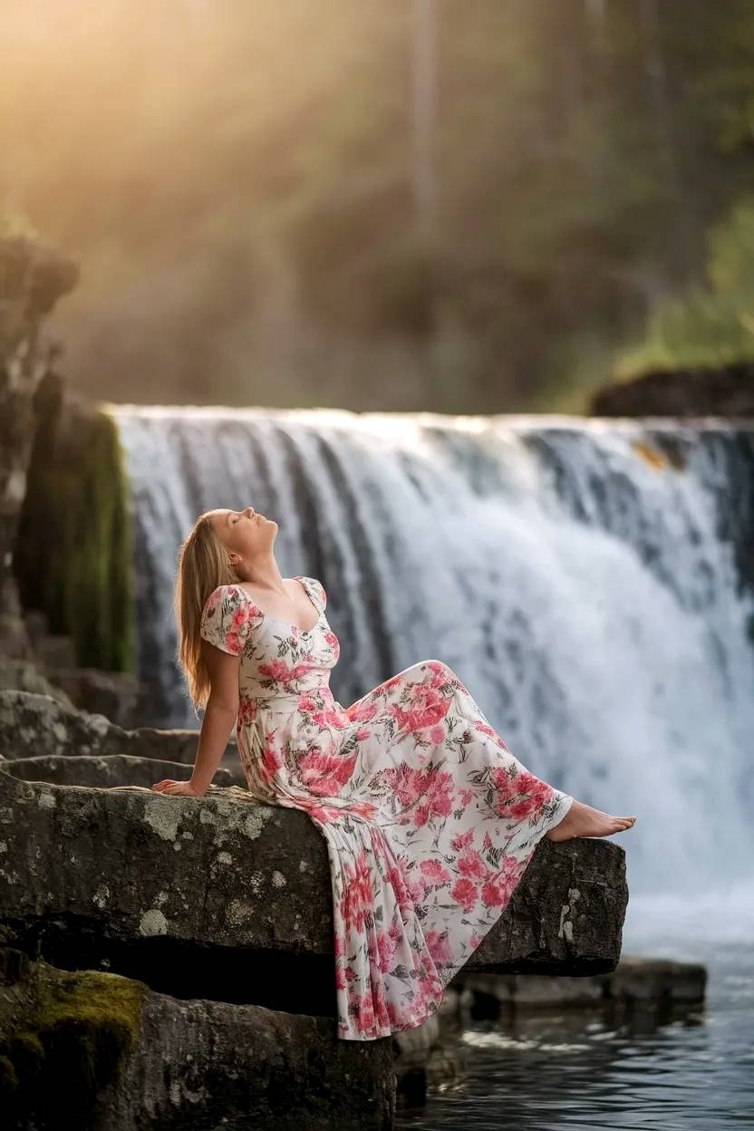 Mujer rubia junto a cascada.