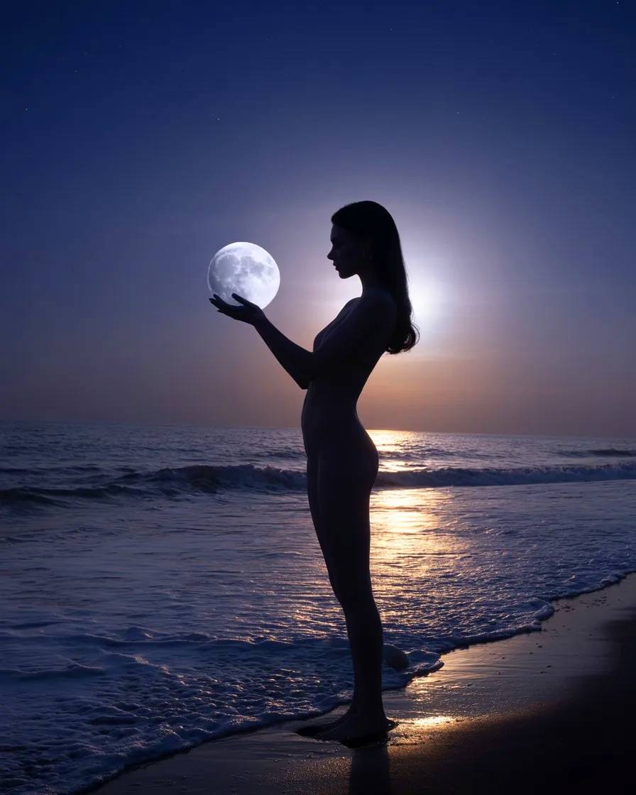 Woman on the beach with the moon in her hands.
